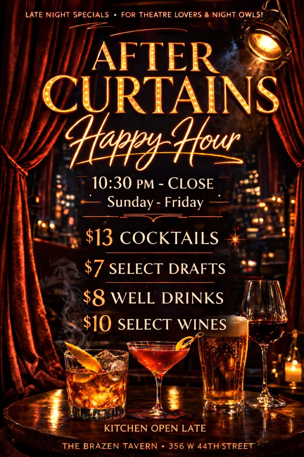 After Curtains Happy Hour specials with cocktails, drafts, drinks, and wines from 10:30 PM at The Brazen Tavern.