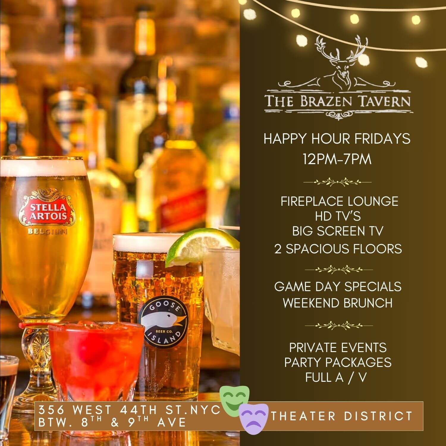 The Brazen Tavern happy hour details with assorted drinks on a bar counter and address at 356 West 44th St., NYC, Theater District.